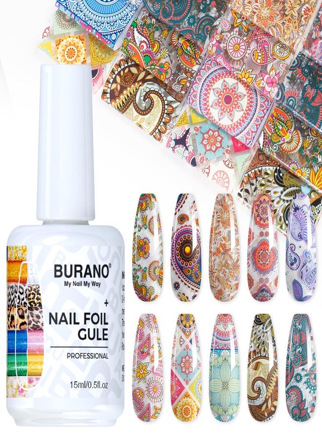 BURANO Nail Art Nail Foil Glue Gel, o.5 oz with 10PCS Foil Stickers Set Nail Foil Glue for Nails Foil Transfer Gel, Nail Design DIY UV LED Lamp Required (Popular Foil 12) - Image 1